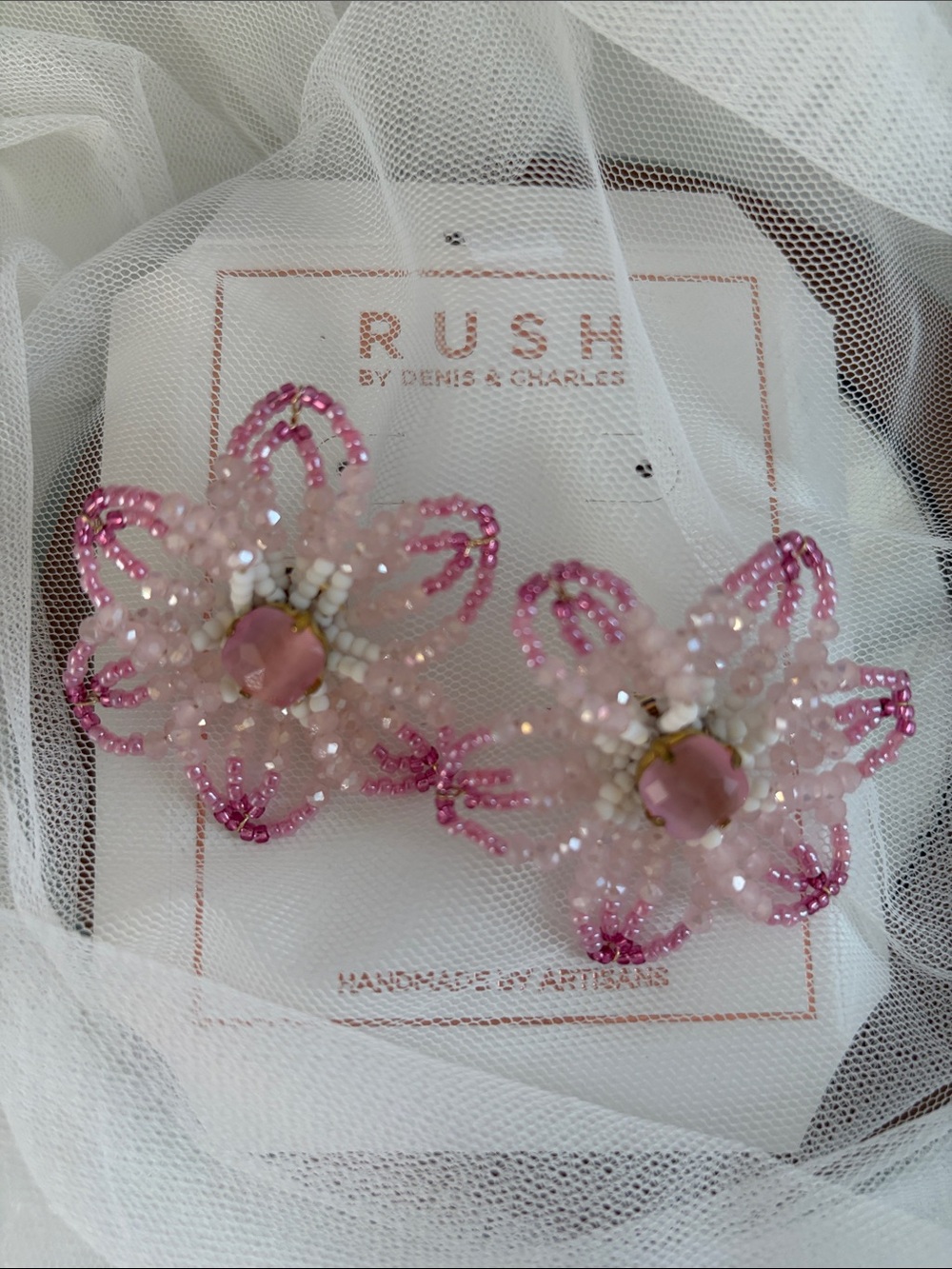 Pink Handcrafted Flower Statement Earrings - Elegant Sparkle